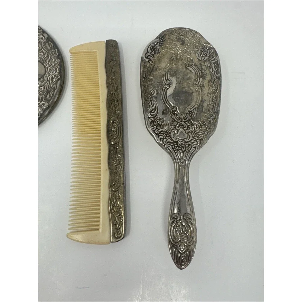 Silver Plated Vanity Set Vtg Hand Mirror Hair Brush Comb Victorian Art Nouveau